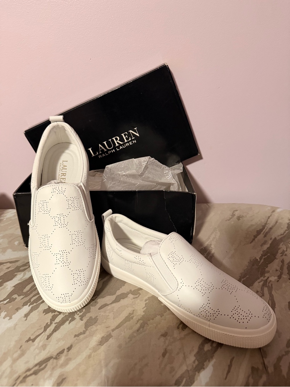 Ralph Lauren White Slip-On Perforated Star Sneakers